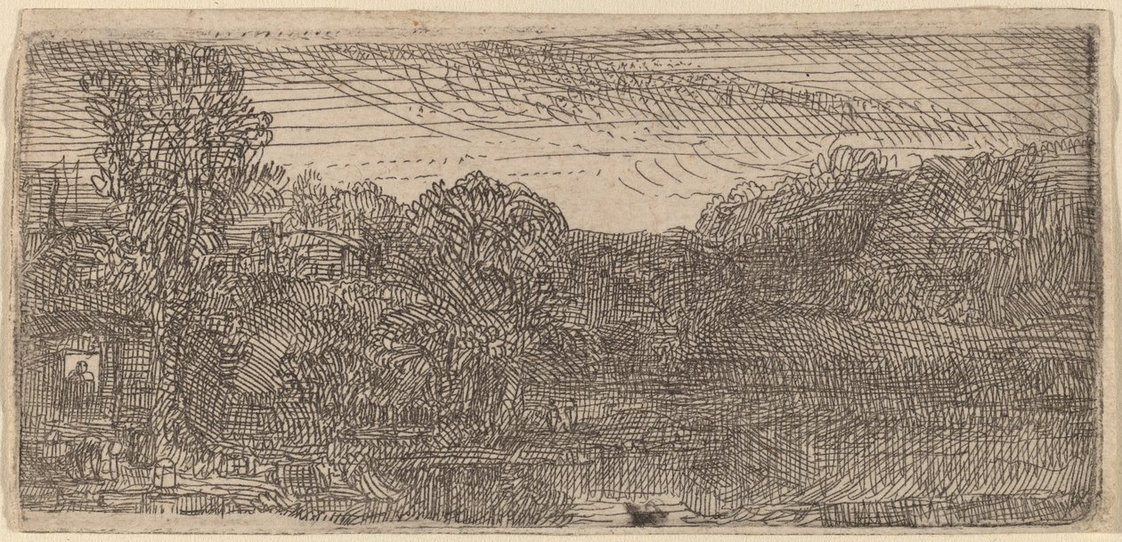Küçük Gri Manzara: Bir Ev ve Bir Havuzun Yanında Ağaçlar by Rembrandt van Rijn