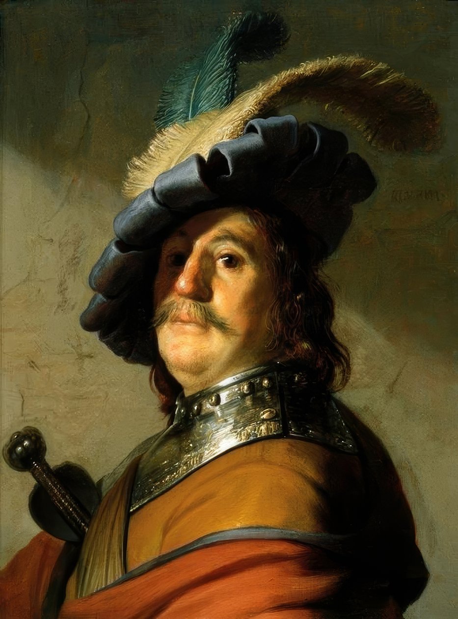 Demir yakalı ve kuş tüyü şapkalı asker by Rembrandt van Rijn