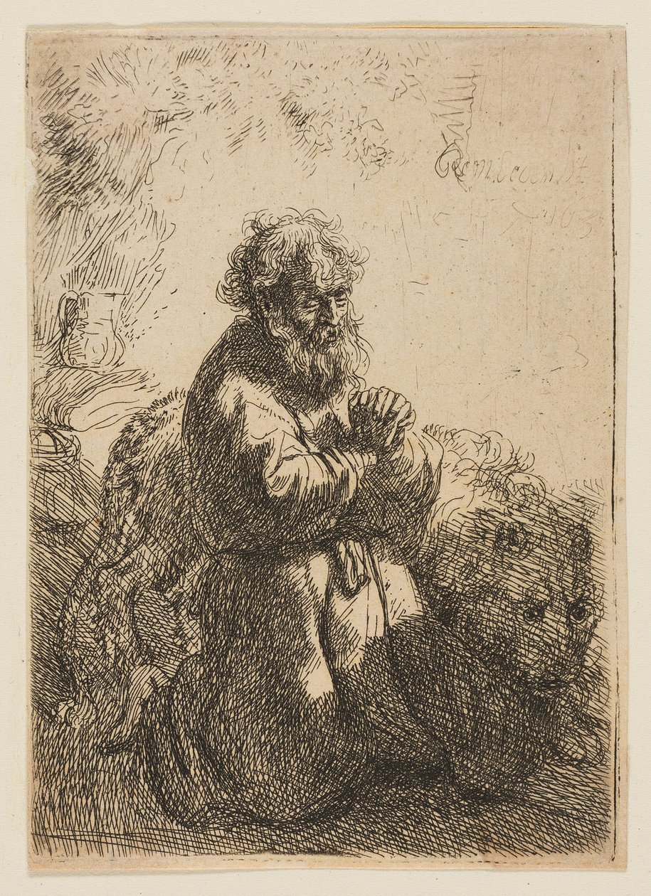 Aziz Jerome Duada Diz Çökmüş, Aşağıya Bakıyor by Rembrandt van Rijn