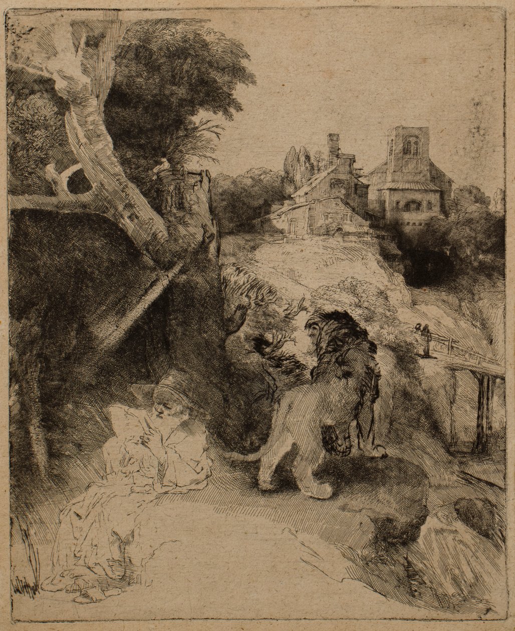 Bir İtalyan Manzarasında Aziz Jerome Okuma by Rembrandt van Rijn