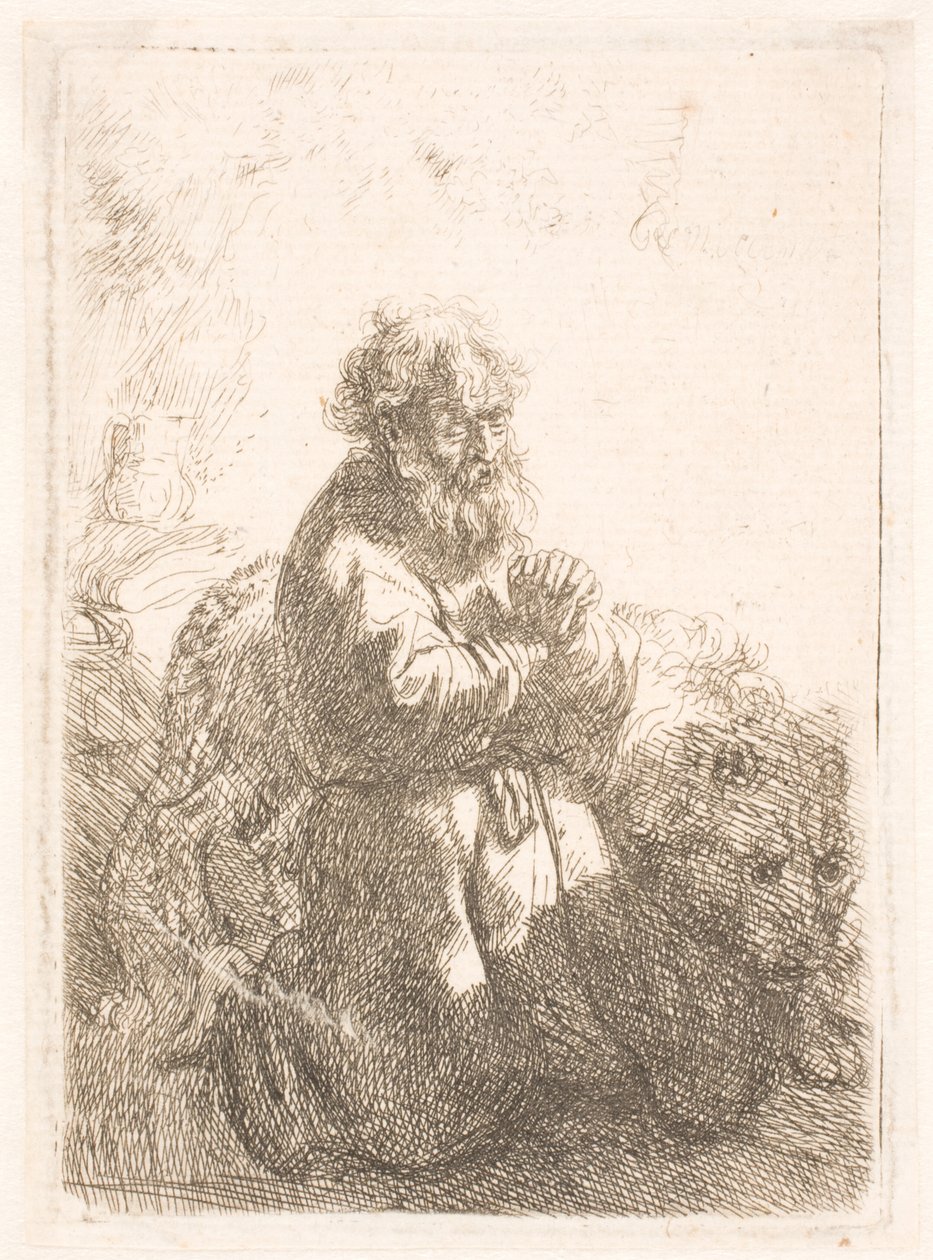 Aziz Jerome dua diz çökmüş, aşağı bakıyor by Rembrandt van Rijn
