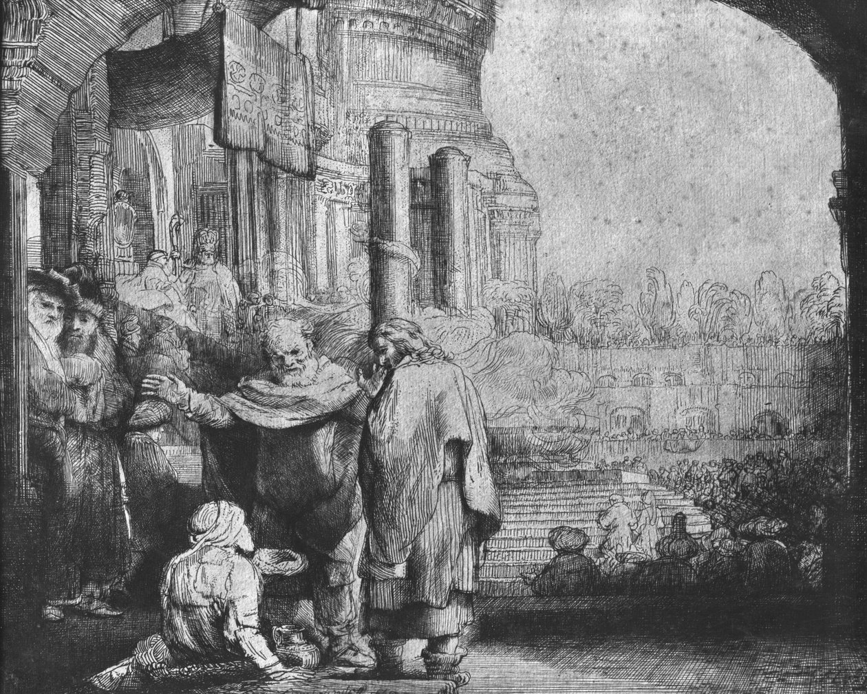 Aziz Petrus ve Aziz John Tapınağın Girişinde, 1649 (gravür) (bw fotoğraf) by Rembrandt van Rijn
