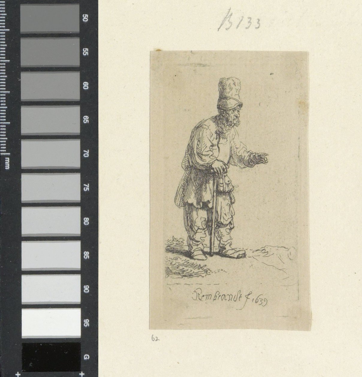 Yüksek Başlığıyla Ayakta Duran, Bir Çubuğa Yaslanmış Çiftçi Recueil de quatre-vingt-cinq orijinalleri estampes (seri başlığı) by Rembrandt van Rijn