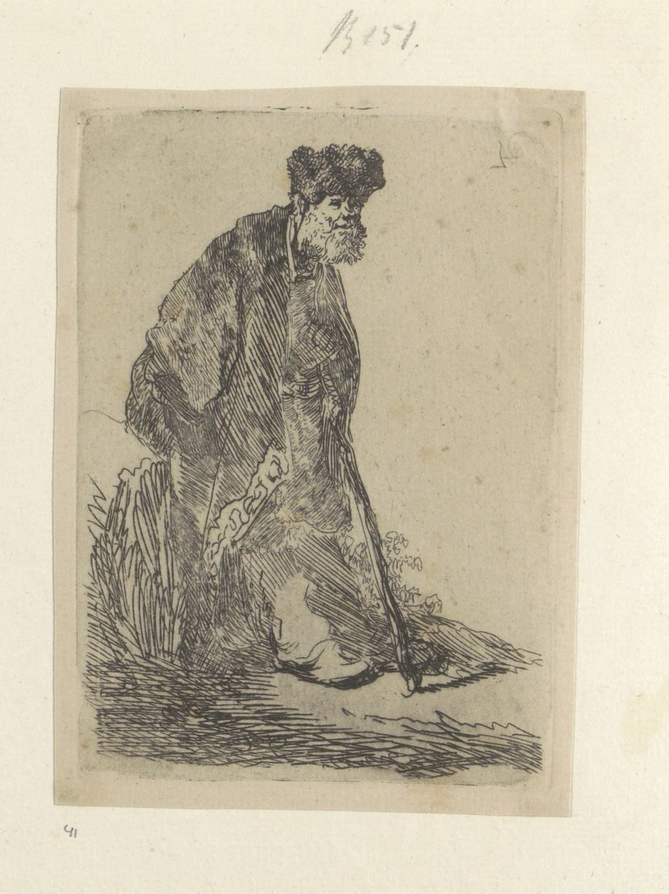 Staande adam bontmuts een lange mantel koyar Seksen beş orijinal baskının toplanması (seri başlığı) by Rembrandt van Rijn