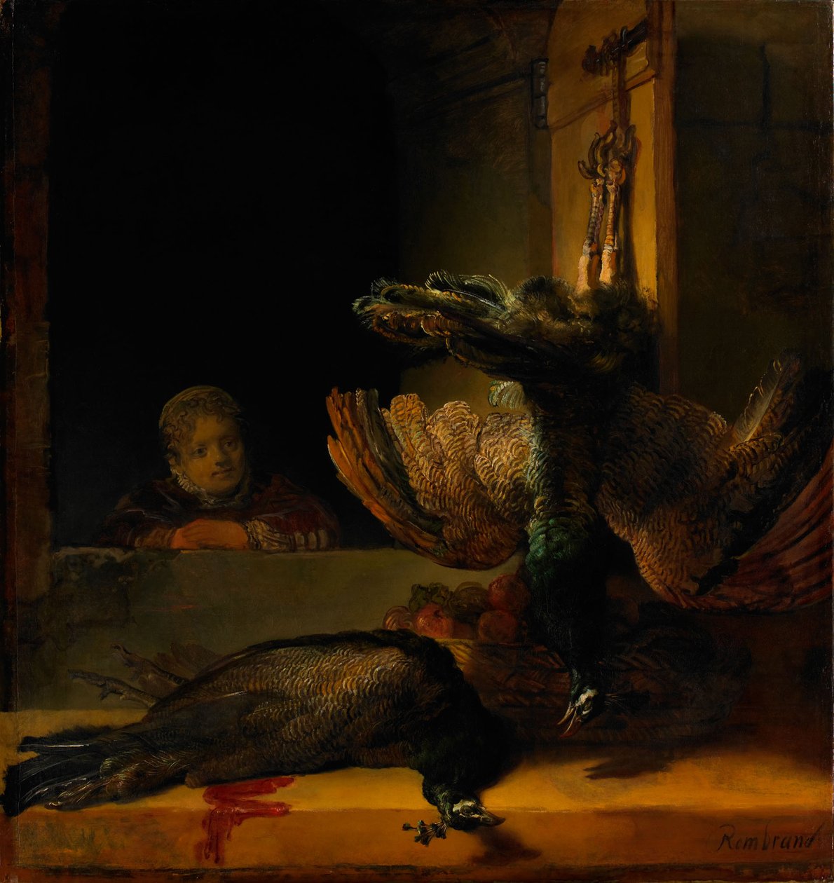İki Tavus Kuşu ve Bir Kızla Natürmort, 1639 by Rembrandt van Rijn