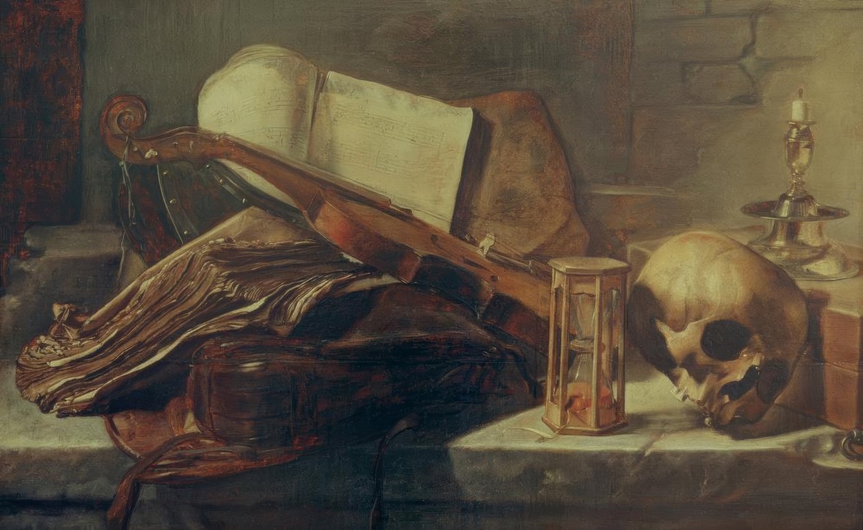 Kitaplar, keman, kafatası ve kum saati ile natürmort by Rembrandt van Rijn