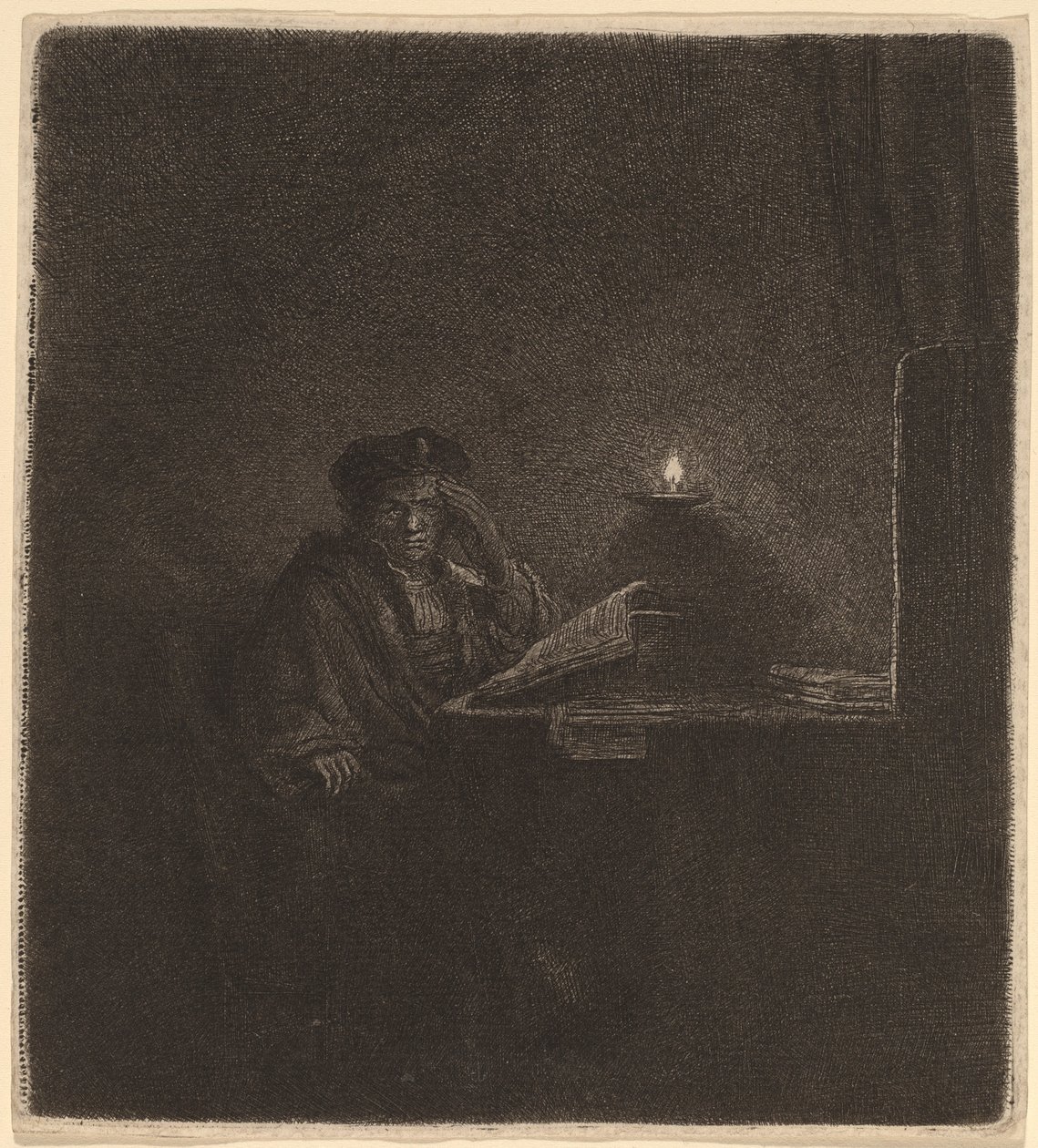 Mum Işığında Bir Masada Öğrenci by Rembrandt van Rijn