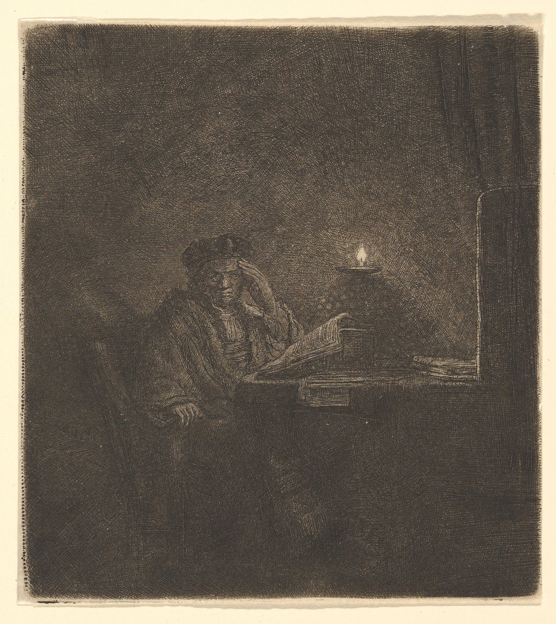 Mum Işığında Bir Masada Öğrenci, ca. 1642. by Rembrandt van Rijn