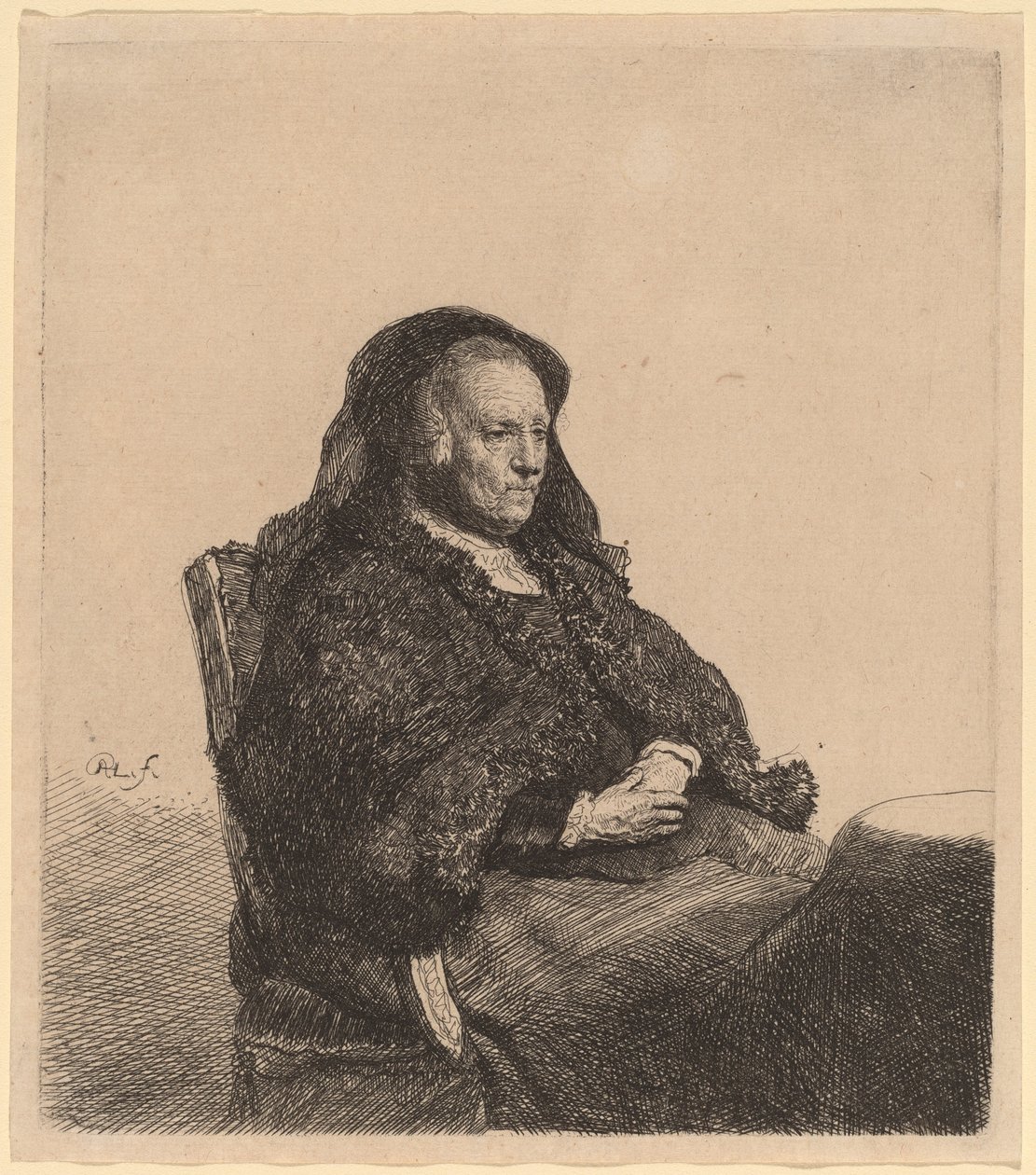 Sanatçının Annesi Bir Masada Oturmuş, Sağa Bakıyor by Rembrandt van Rijn