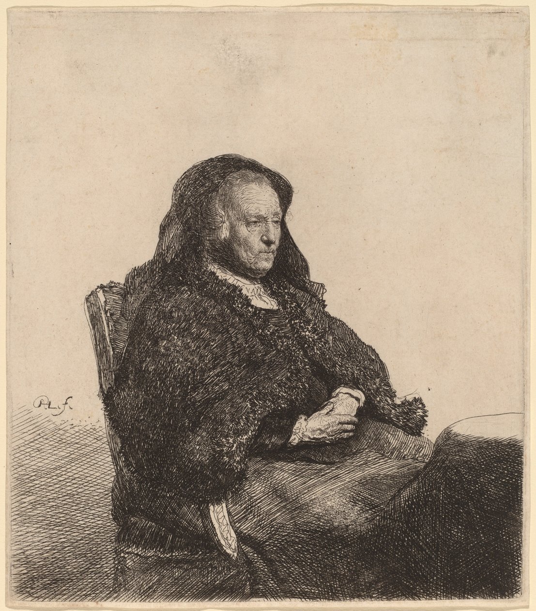 Sanatçının Annesi Bir Masada Oturmuş, Sağa Bakıyor by Rembrandt van Rijn