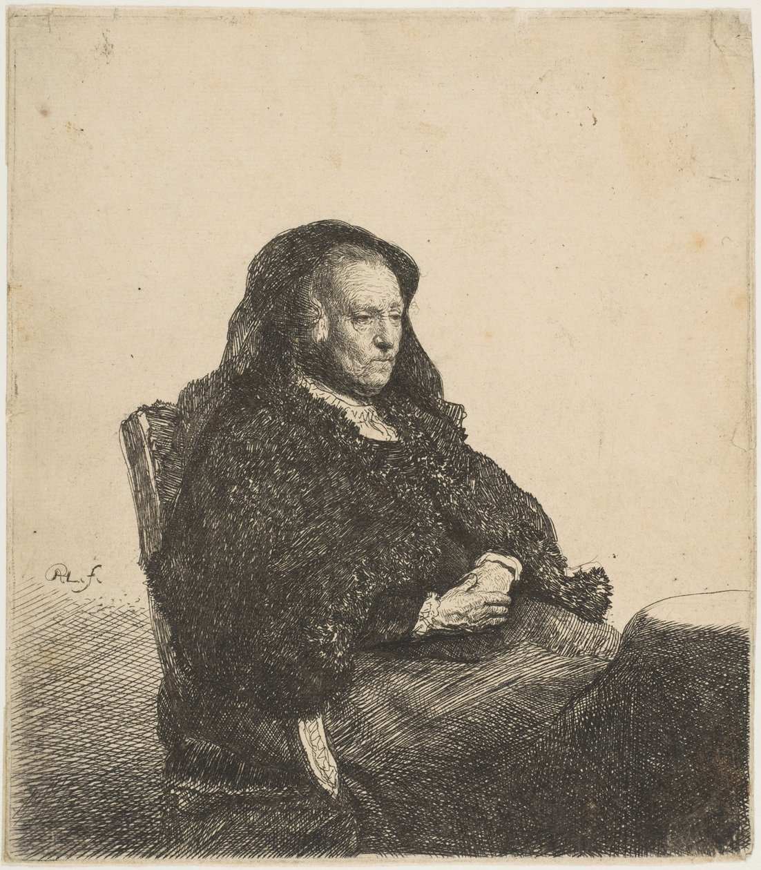 Sanatçının Annesi Bir Masada Oturmuş Sağa Bakıyor: Üç Çeyrek Boy, yakl. 1631. by Rembrandt van Rijn