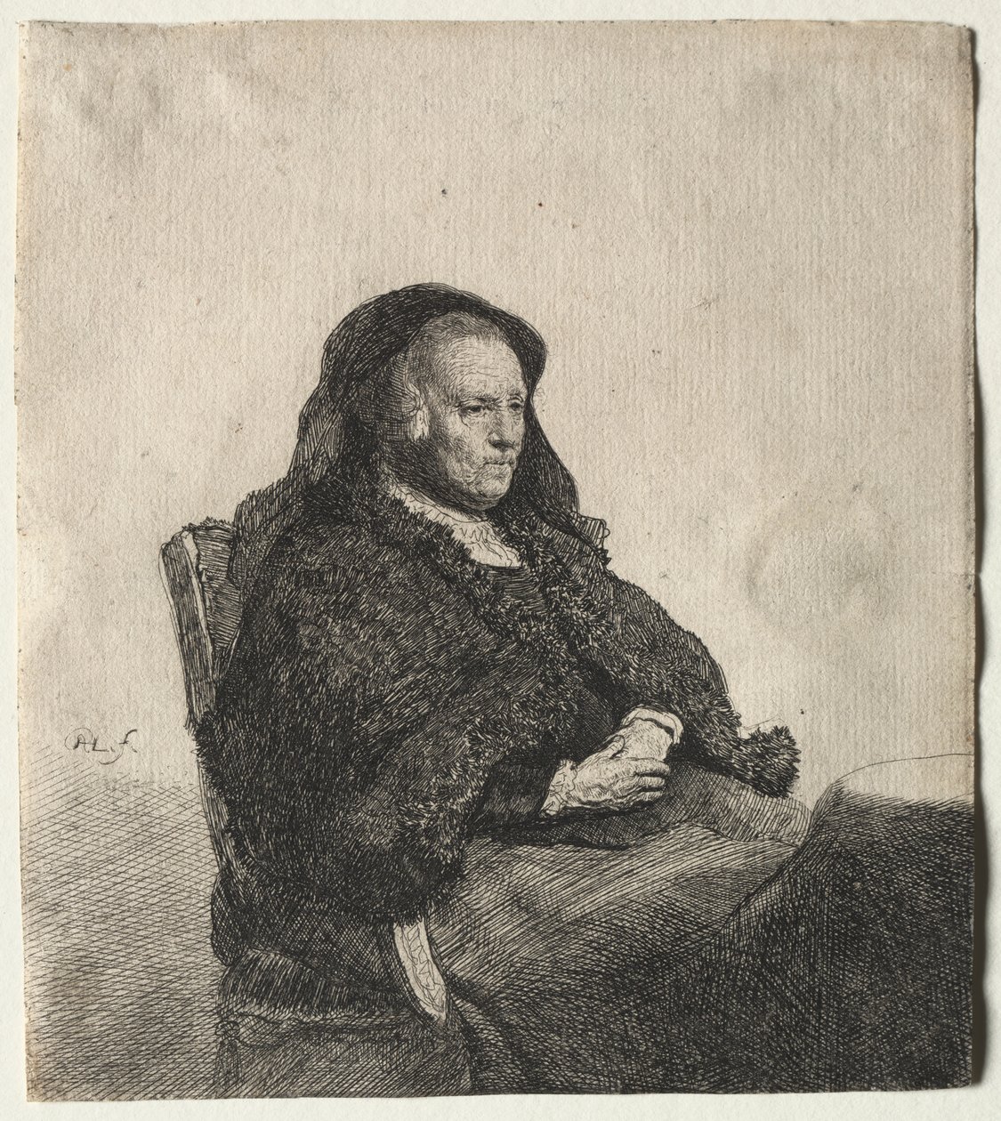 Sanatçının Annesi Bir Masada Oturmuş, Sağa Bakıyor: Üç Çeyrek Boy by Rembrandt van Rijn