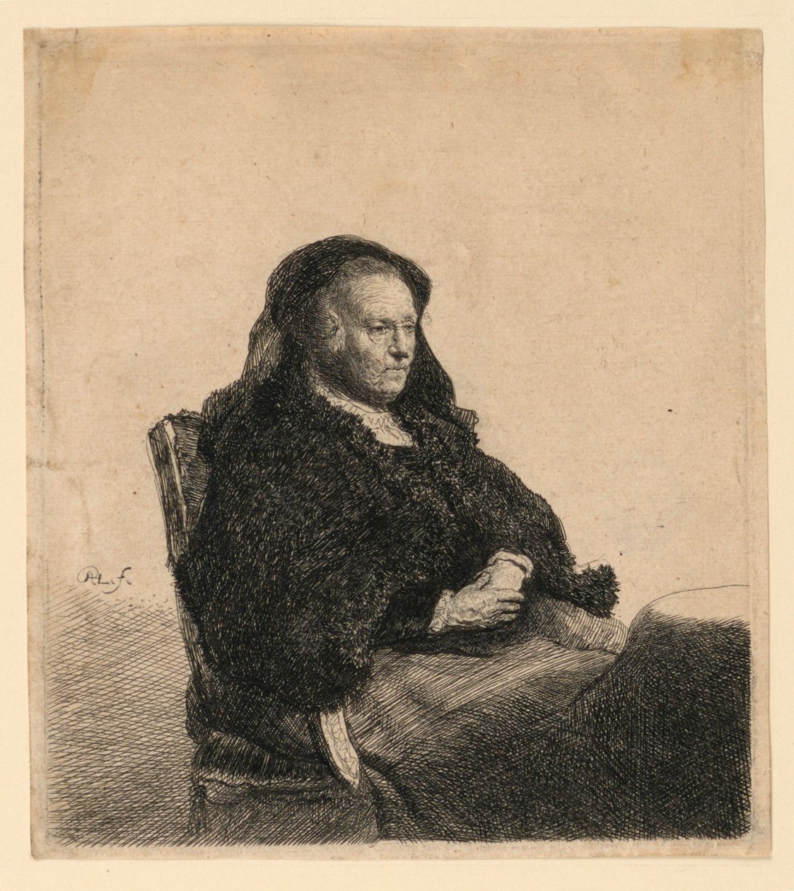 Sanatçının Annesi Bir Masada Oturmuş, Sağa Bakıyor: Üç Çeyrek Boy by Rembrandt van Rijn