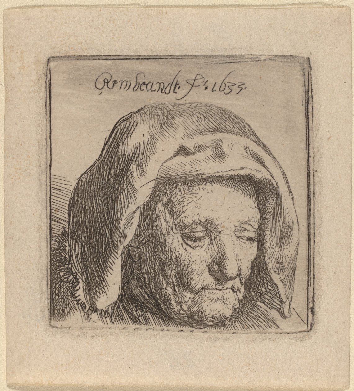 Sanatçının Bez Başlıklı Annesi Aşağıya Bakıyor by Rembrandt van Rijn