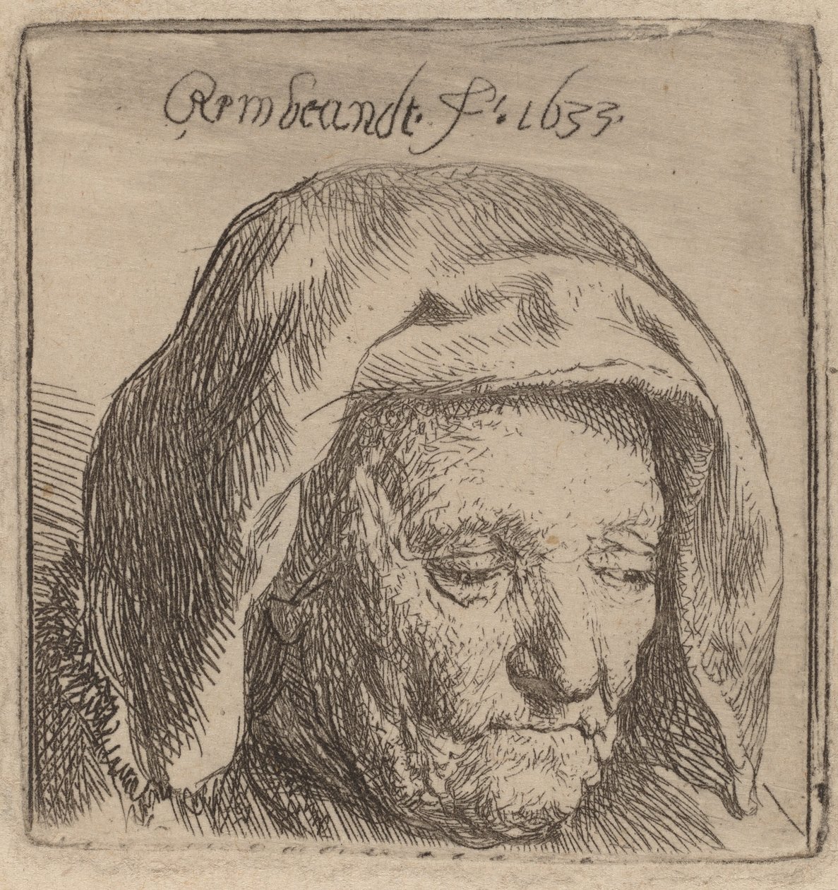 Sanatçının Bez Başlıklı Annesi, Aşağıya Bakma, 1633. by Rembrandt van Rijn