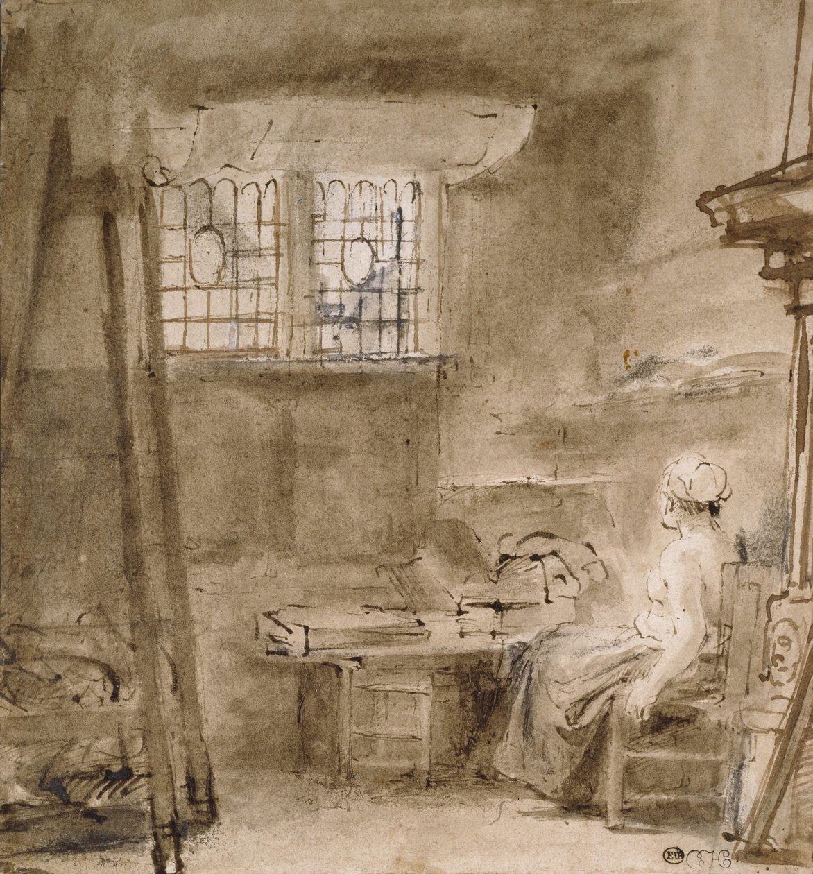 Sanatçının Stüdyosu, 1659 (kalem ve iki ton kahverengi mürekkep, gri-kahverengi yıkama, beyazda birkaç düzeltme) by Rembrandt van Rijn