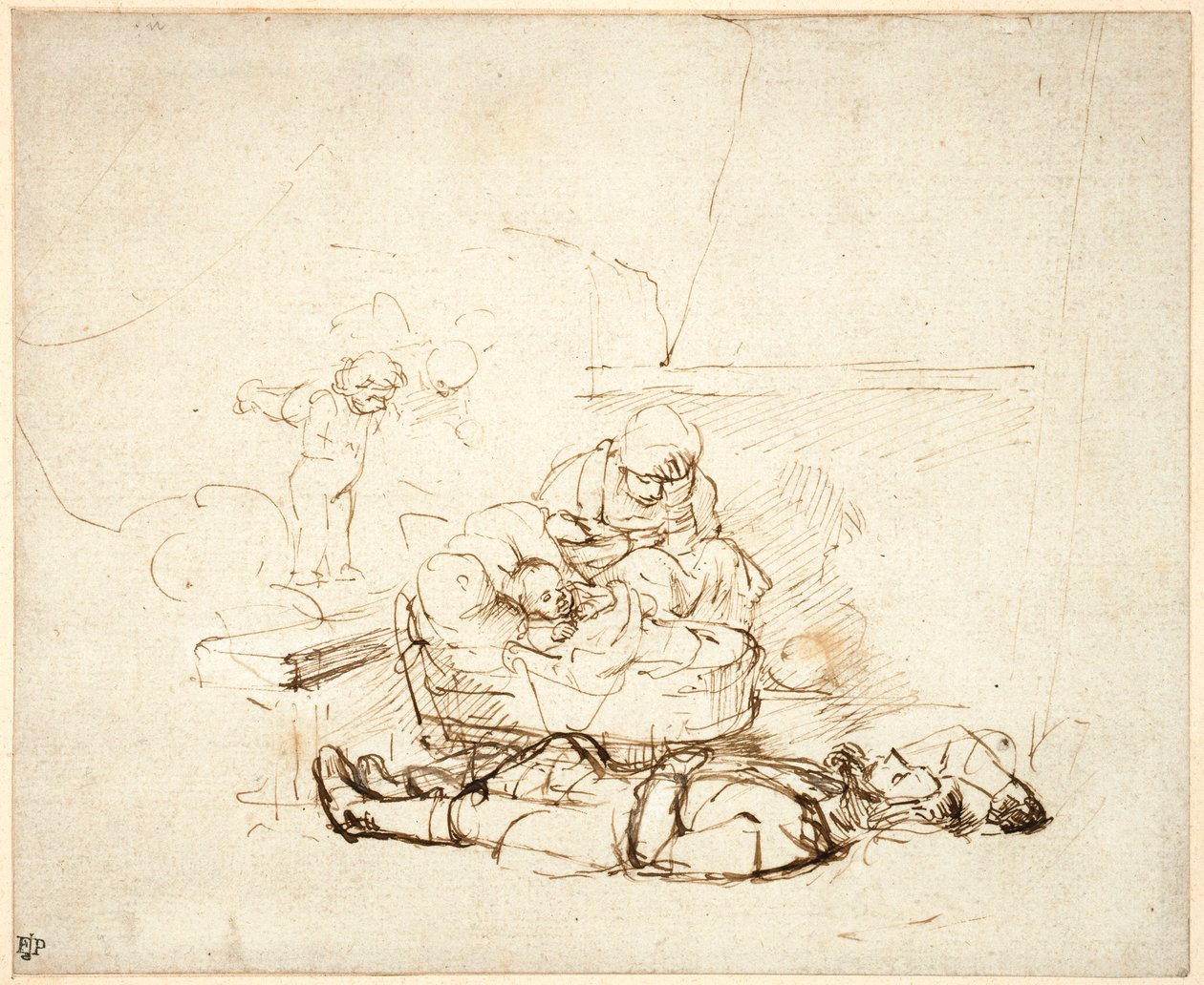 Kutsal Aile uyuyor, meleklerle, 1645 (kağıt üzerine guaj boya ile kalem ve mürekkep) by Rembrandt van Rijn