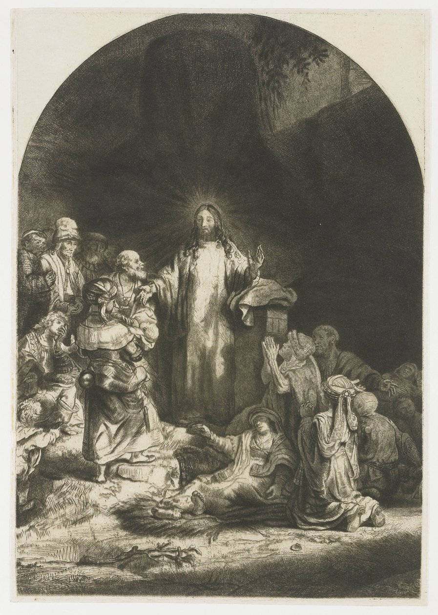 Yüz Guilder Baskısı: İsa'nın vaaz ettiği merkezi parça, plaka kemerli by Rembrandt van Rijn