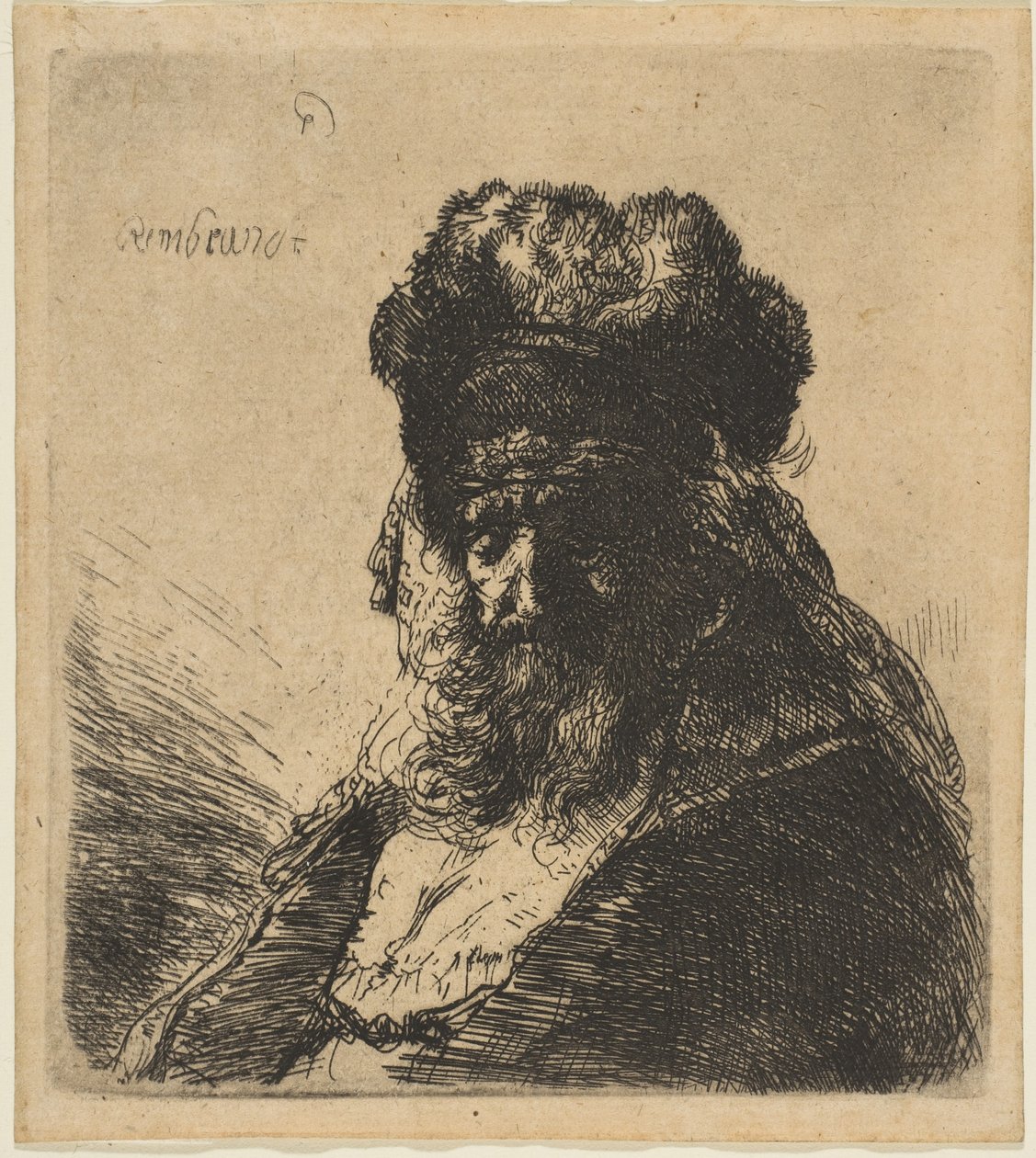 Gözleri Kapalı, Yüksek Kürklü Şapkalı Yaşlı Sakallı Adam, yak. 1635. by Rembrandt van Rijn