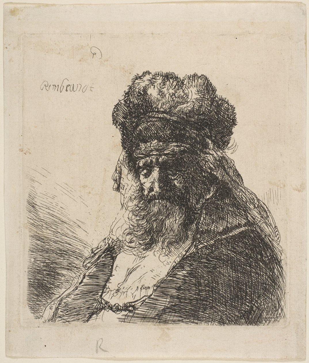 Gözleri Kapalı, Yüksek Kürklü Şapkalı Yaşlı Sakallı Adam, yak. 1635. by Rembrandt van Rijn