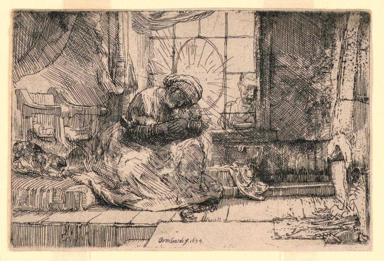 Pencerede Kedi ve Yusuf ile Bakire ve Çocuk by Rembrandt van Rijn