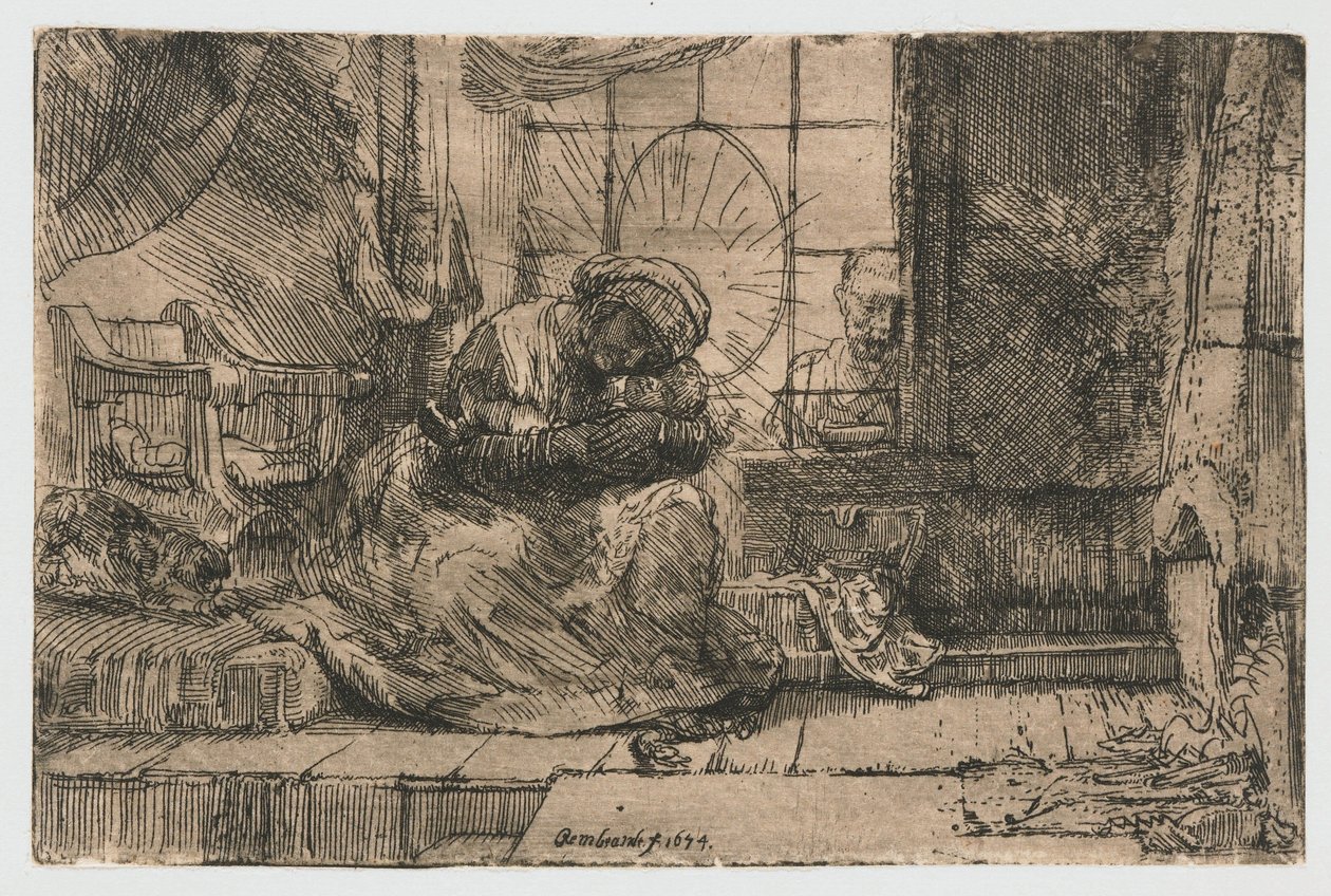 kedi ve yılan ile Bakire ve Çocuk by Rembrandt van Rijn