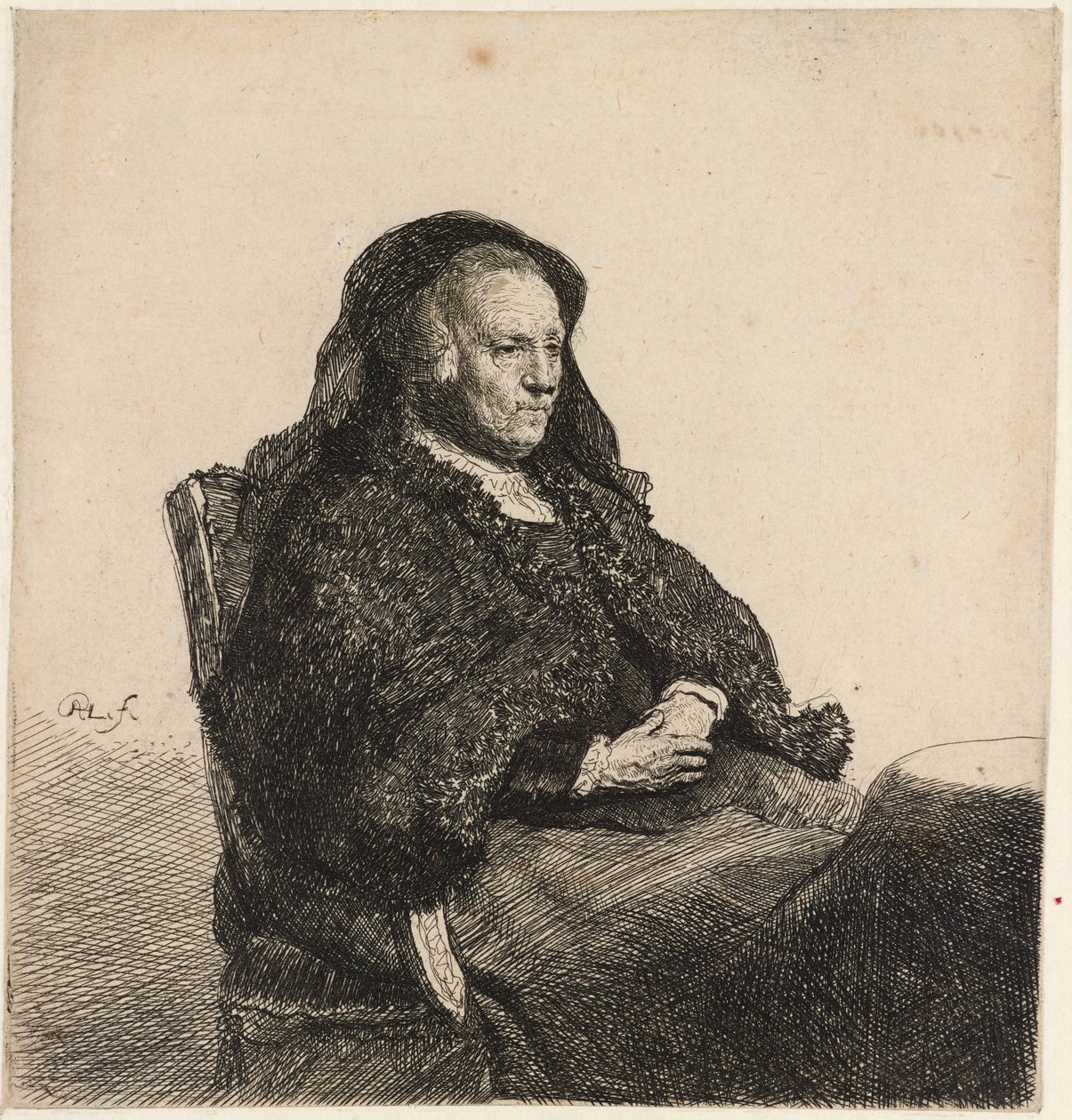 Ressamın annesi bir masada oturuyordu, c.1631. by Rembrandt van Rijn