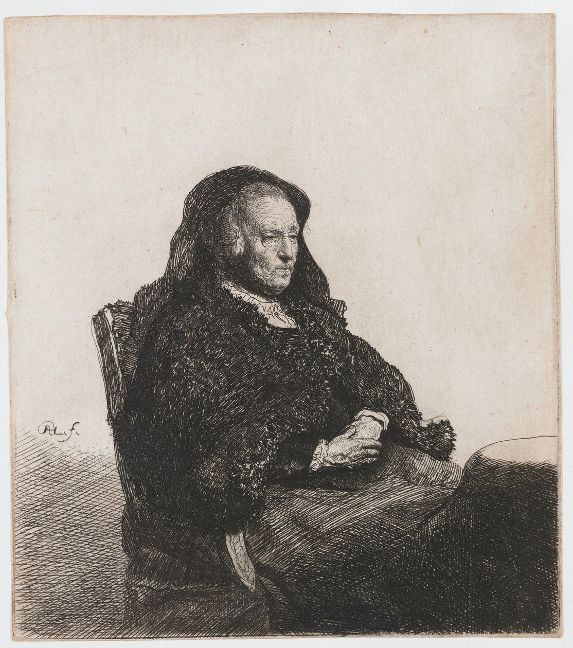 Sanatçının annesi bir masaya oturmuş, sağa bakıyor: üç çeyrek uzunluk by Rembrandt van Rijn