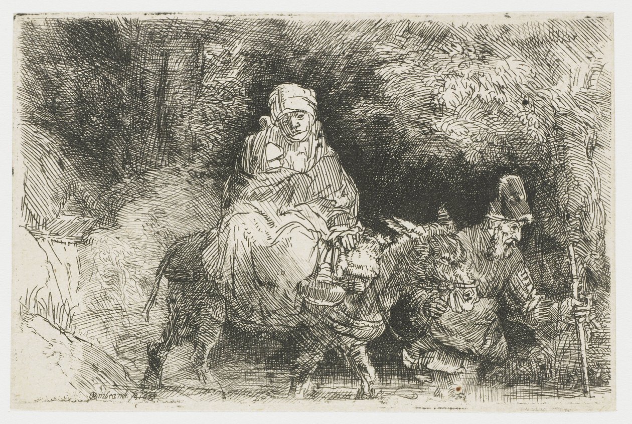 Bir dereyi geçerek Mısır'a uçuş by Rembrandt van Rijn