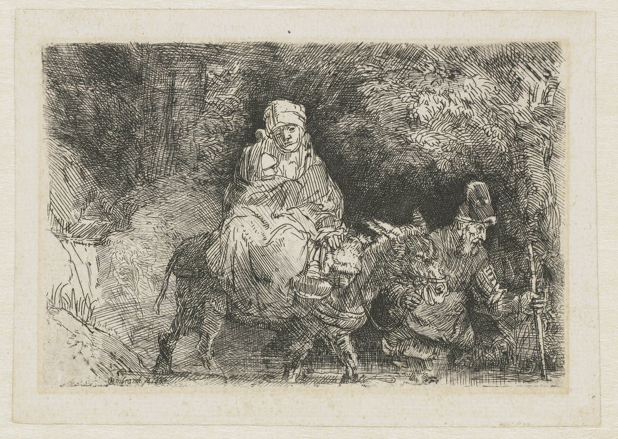 Bir dereyi geçerek Mısır'a uçuş by Rembrandt van Rijn