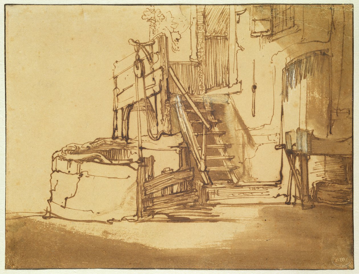 Çiftlik evinin önündeki kuyu (kalem ve kahverengi mürekkep ve kağıt üzerine kahverengi yıkama) by Rembrandt van Rijn