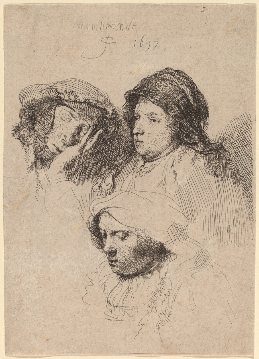Üç Kadın Başı, Bir Uykuda by Rembrandt van Rijn