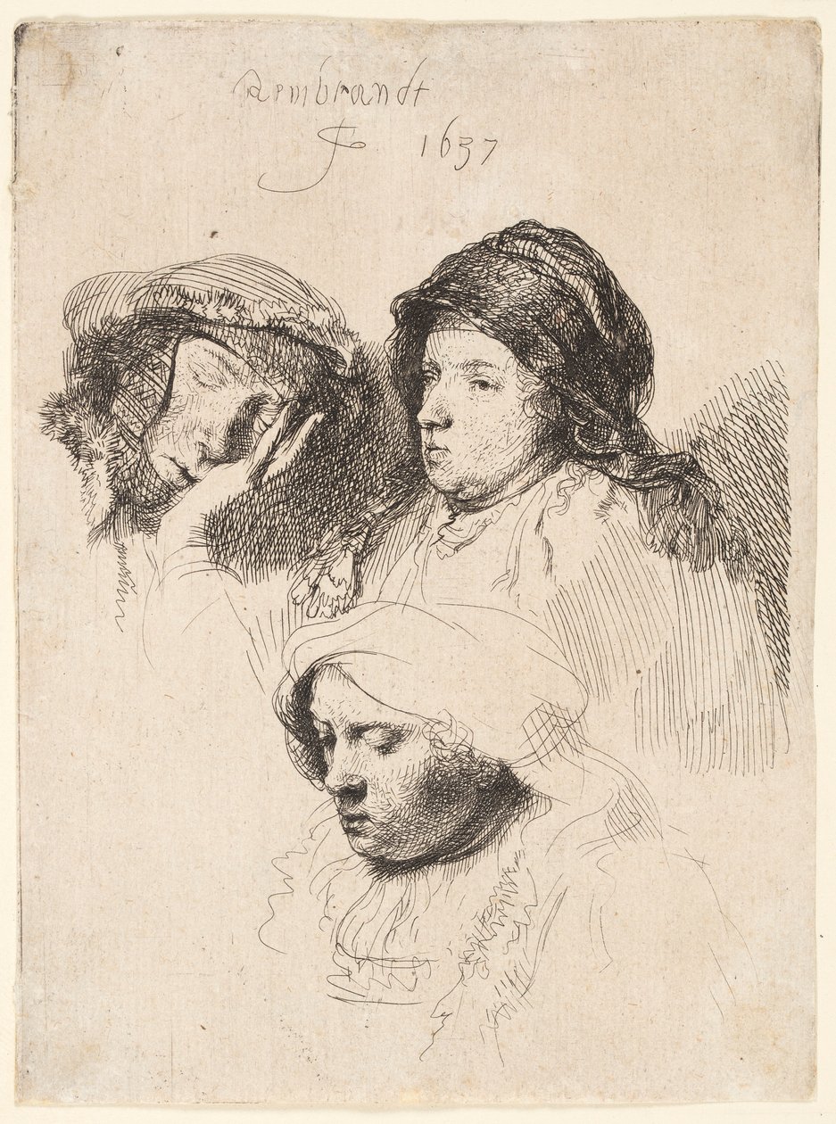 Üç Kadın Başı, Bir Uykuda by Rembrandt van Rijn
