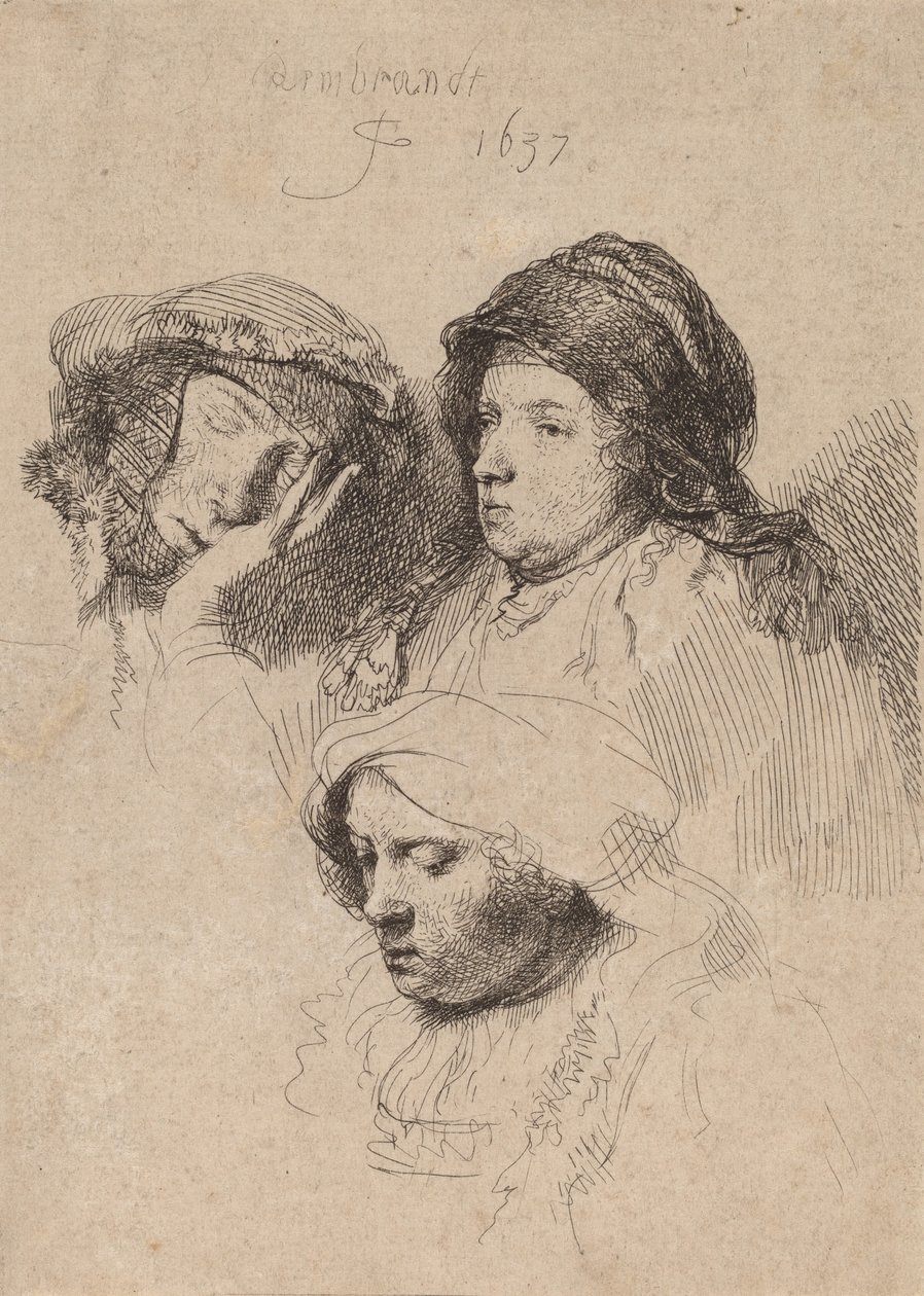 Üç Kadın Başı, Bir Uykuda, 1637. by Rembrandt van Rijn