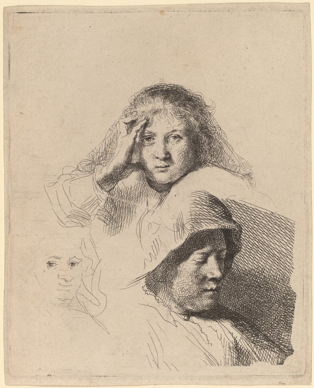 Üç Kadın Başı, Biri Hafifçe Kazınmış by Rembrandt van Rijn