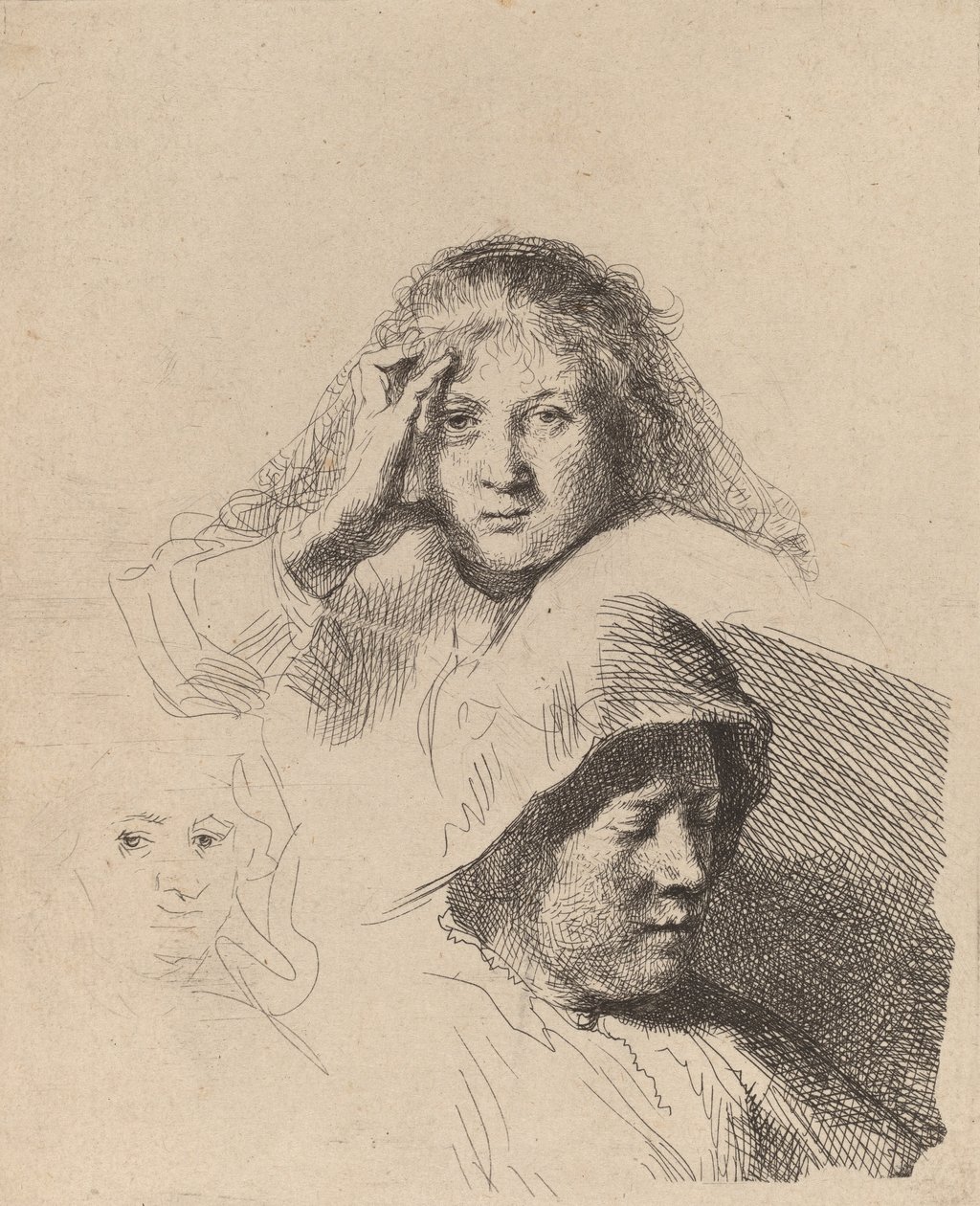 Üç Kadın Başı, Bir Hafif Kazınmış, c. 1637. by Rembrandt van Rijn