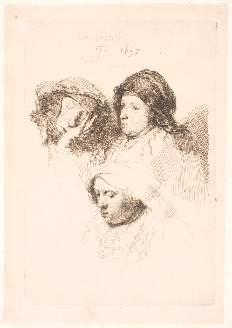 Üç kadın başı, biri uykuda by Rembrandt van Rijn