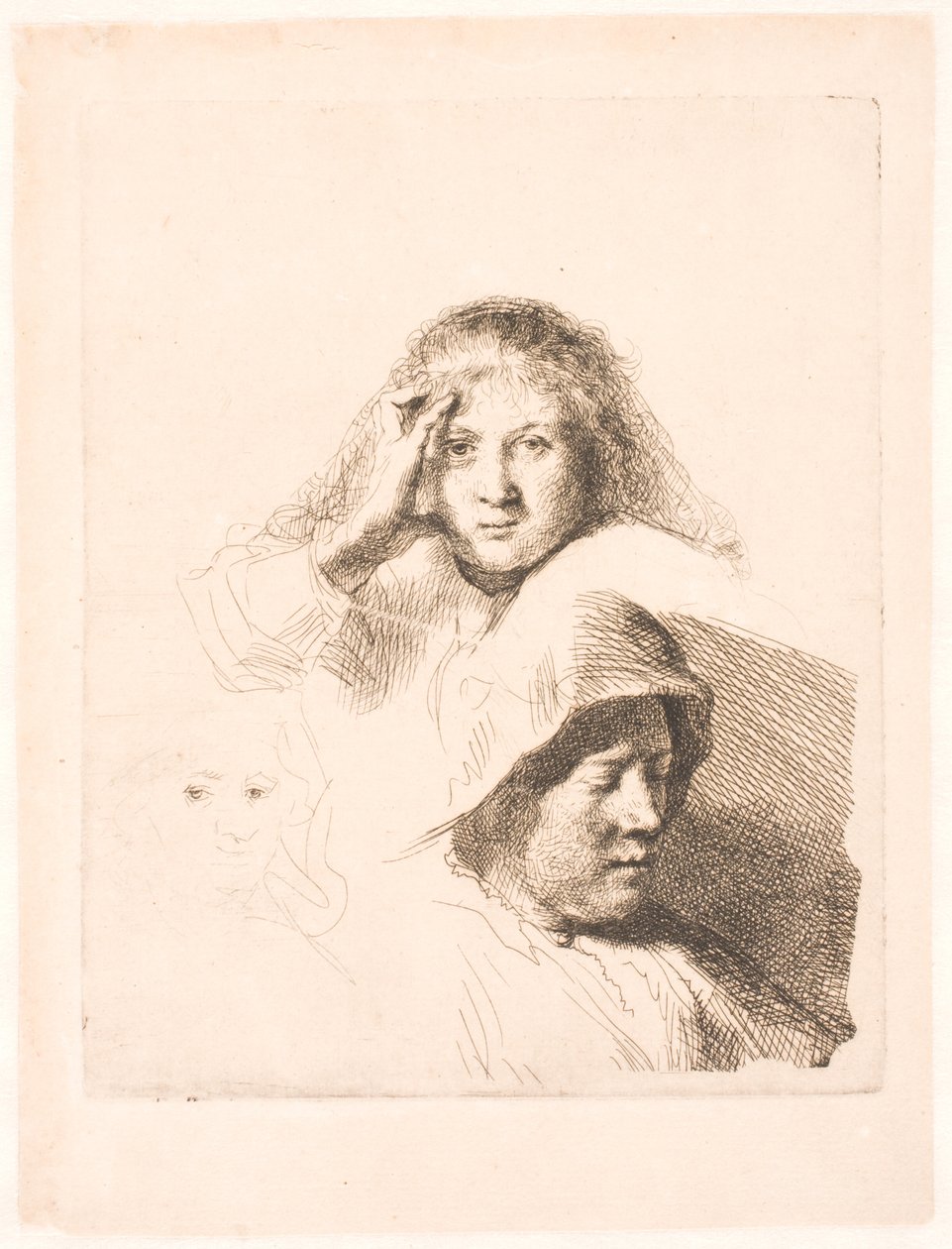 Üç kadın başı, biri hafifçe kazınmış by Rembrandt van Rijn
