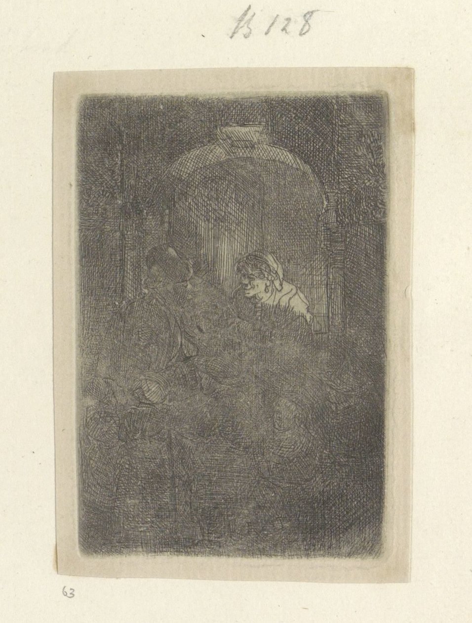 Kadın bir kapıda, çocuklu bir adamla konuşuyor Recueil de quatre-vingt-cinq orijinalleri estampes (seri başlığı) by Rembrandt van Rijn