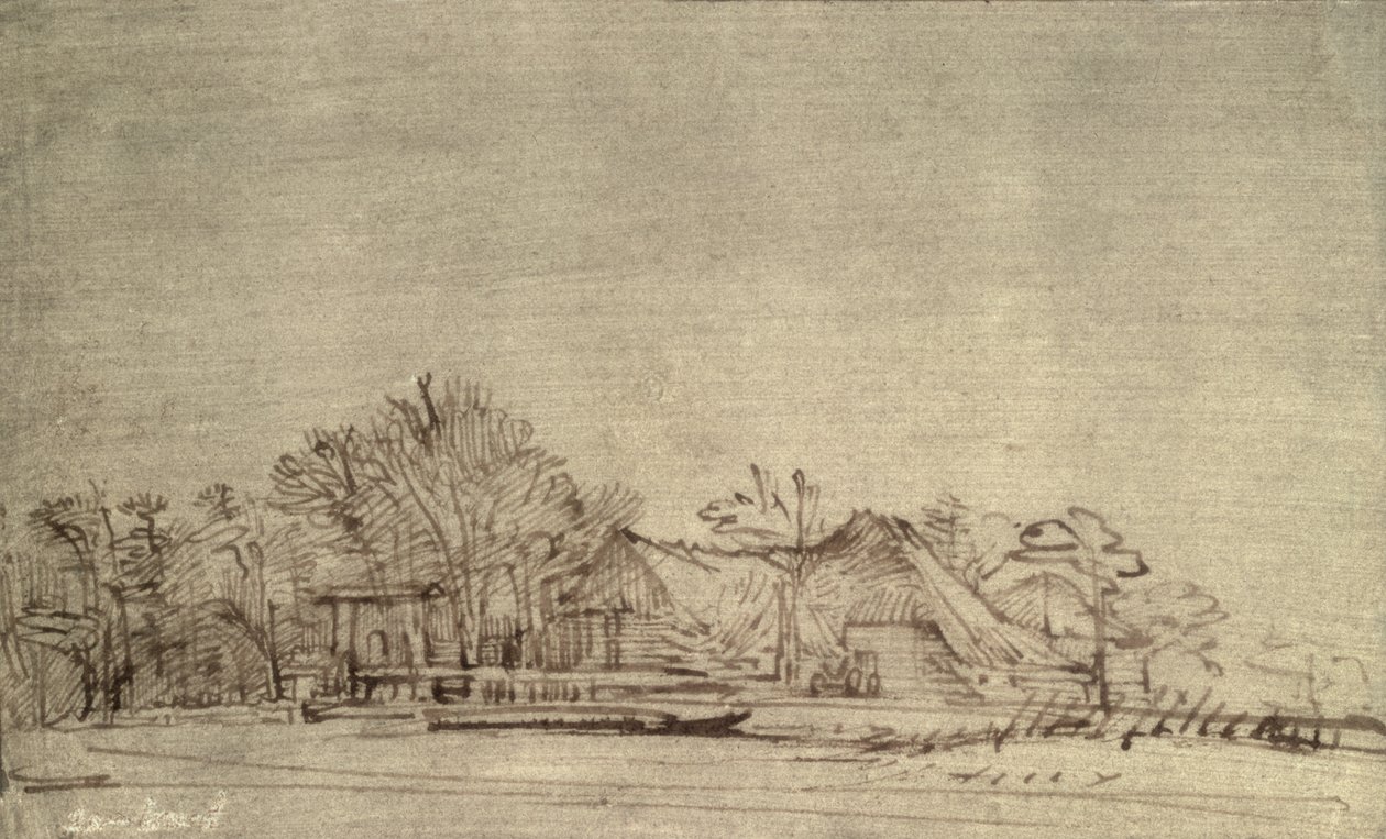 ಮರಗಳ ನಡುವೆ ಕುಟೀರಗಳೊಂದಿಗೆ ಚಳಿಗಾಲದ ಭೂದೃಶ್ಯ, c.1650 (ರೀಡ್ ಪೆನ್ ಮತ್ತು ಕಂದು ಶಾಯಿ) ಟರ್ಕ್ by Rembrandt van Rijn