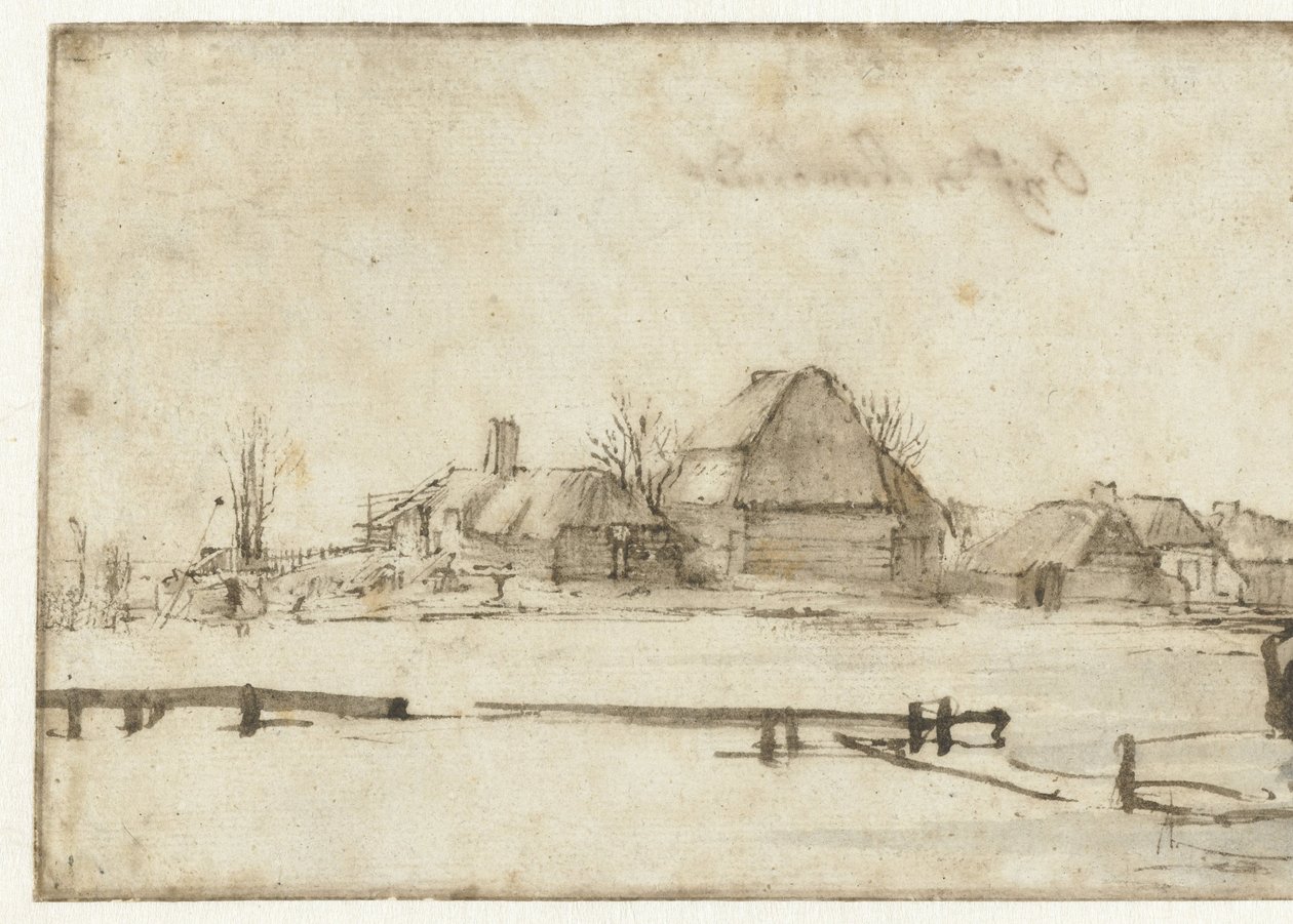 Su Yolu, Kulübeler ve İki Tekne ile Kış Manzarası by Rembrandt van Rijn