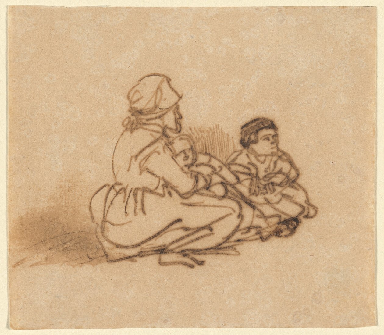 İki Çocuklu Yerde Oturan Kadın by Rembrandt van Rijn