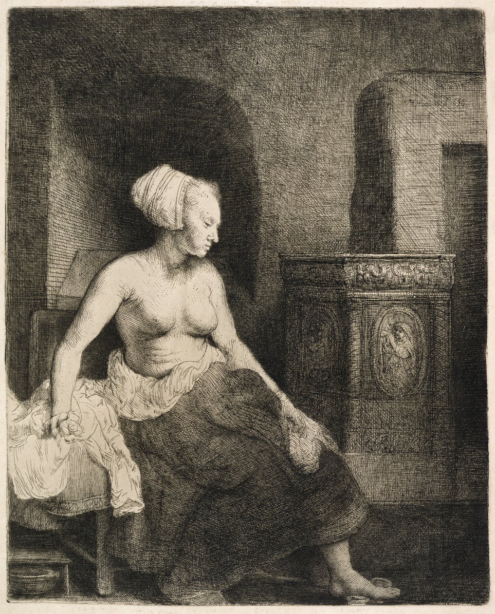 Sobanın Yanında Yarı Giyinmiş Oturan Kadın, 1658 by Rembrandt van Rijn