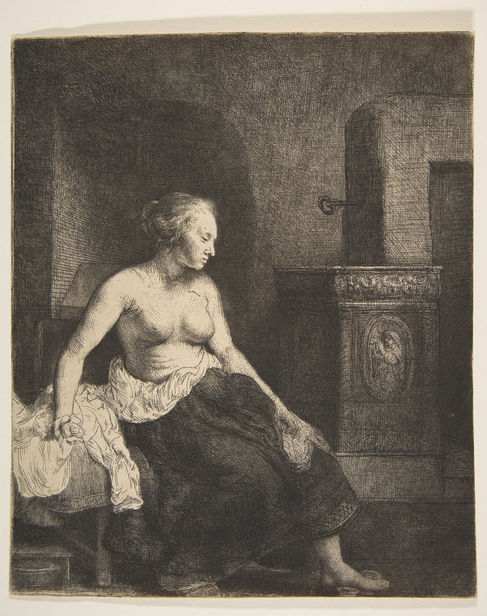 Bir Sobanın Yanında Yarı Giyinmiş Oturan Kadın, 1658. by Rembrandt van Rijn