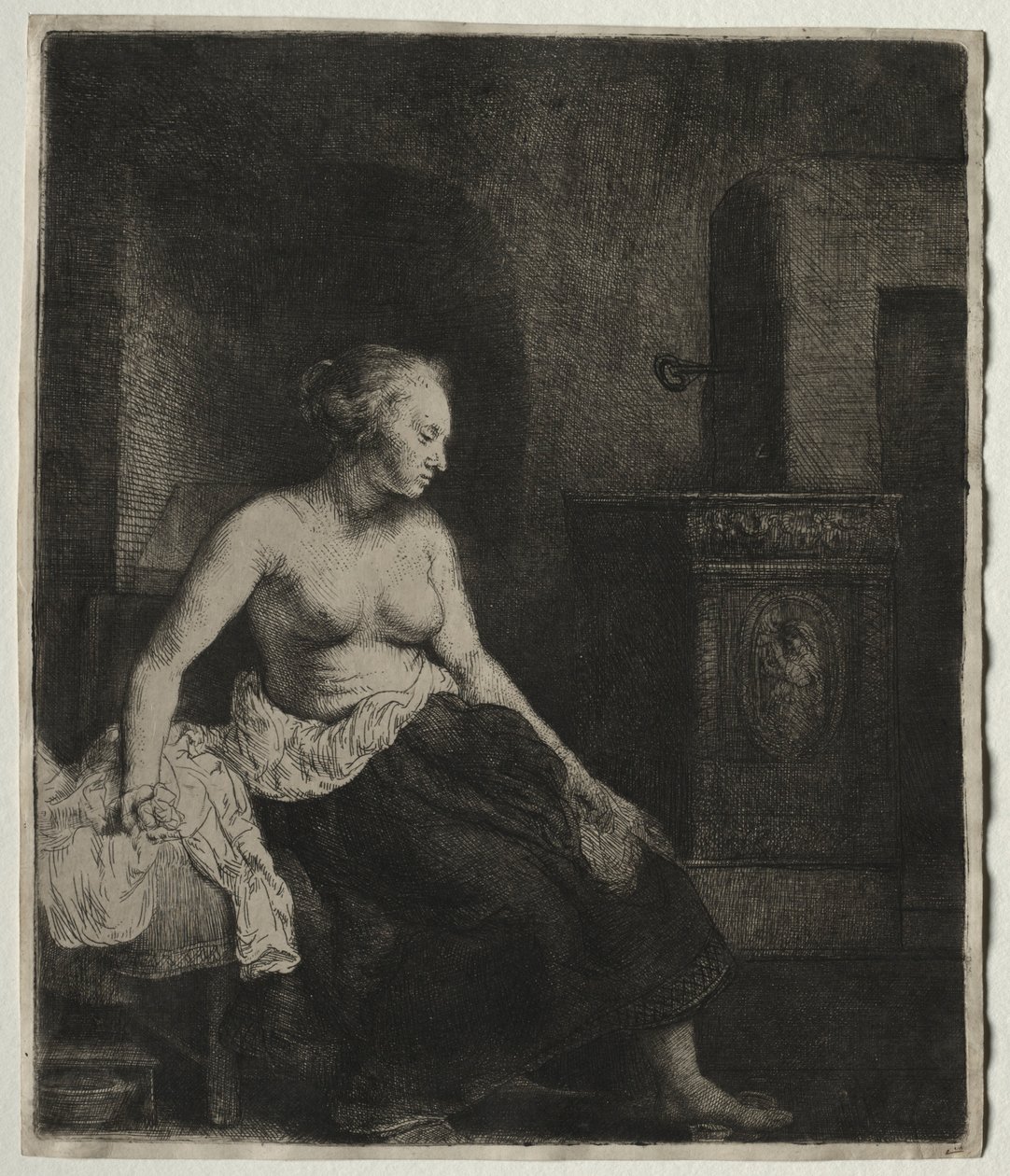 Sobanın Yanında Yarı Giyinmiş Oturan Kadın, 1658. by Rembrandt van Rijn