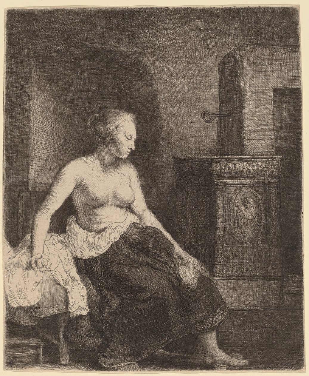 Bir sobanın yanında yarı giyinik oturan kadın by Rembrandt van Rijn