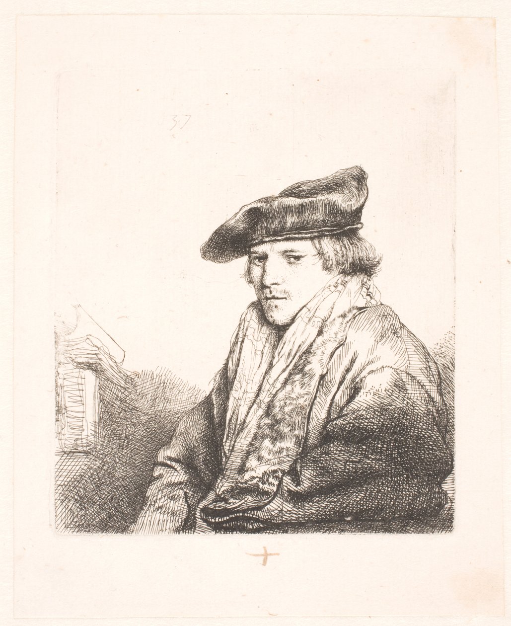 Yanında kitaplar olan kadife şapkalı genç adam by Rembrandt van Rijn