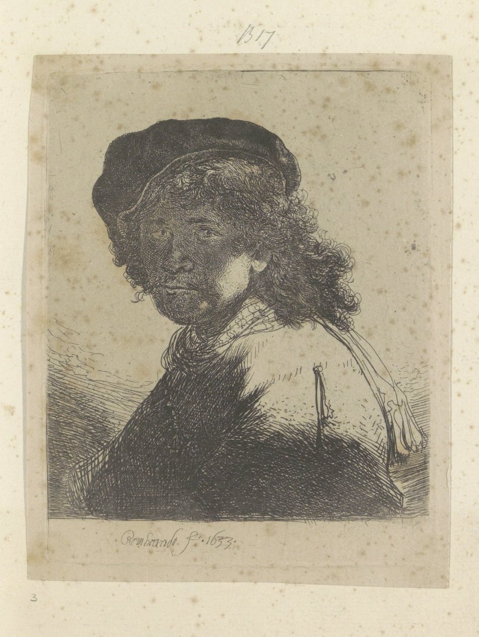 Bere ve atkıyla otoportre, gölgede yüz Recueil de quatre-vingt-cinq orijinalleri estampes (seri başlığı) by Rembrandt van Rijn