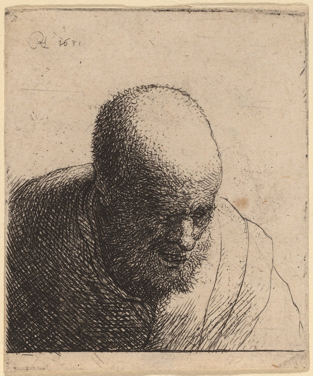 Kel adam ağzı açık, aşağı bakıyor by Rembrandt van Rijn and Studio of Rembrandt