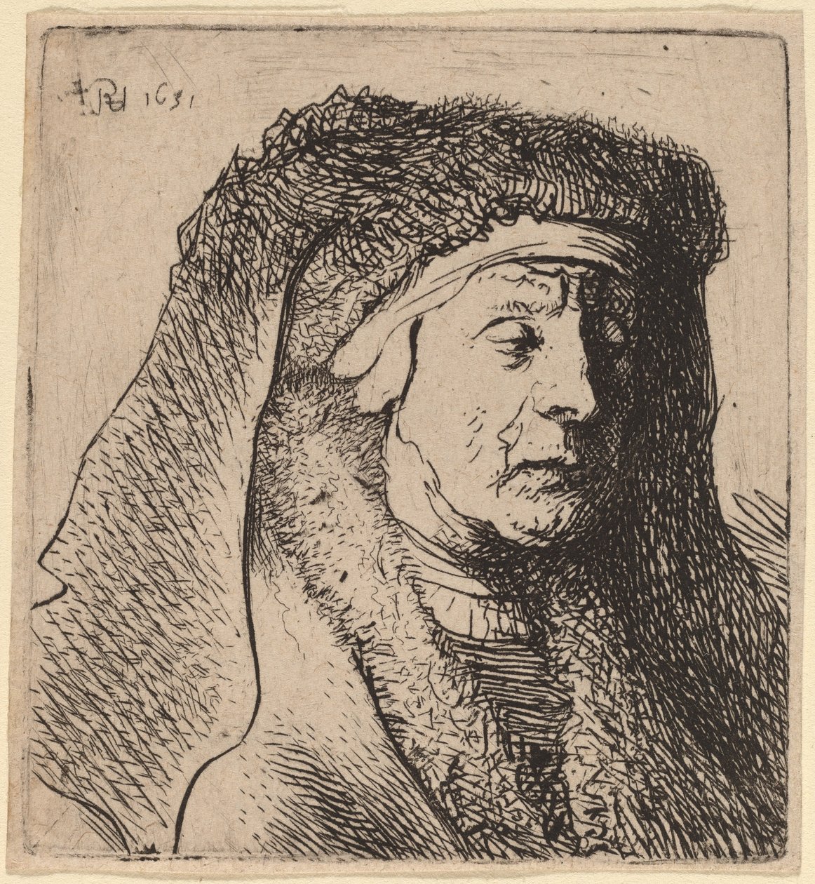 Kürklü Pelerinli ve Ağır Başlıklı Yaşlı Bir Kadının Büstü by Rembrandt van Rijn and Studio of Rembrandt